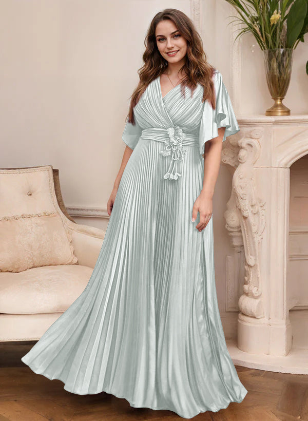 A Line Princess V Neck Short Sleeves Mother Of The Bride Dresses With Belt