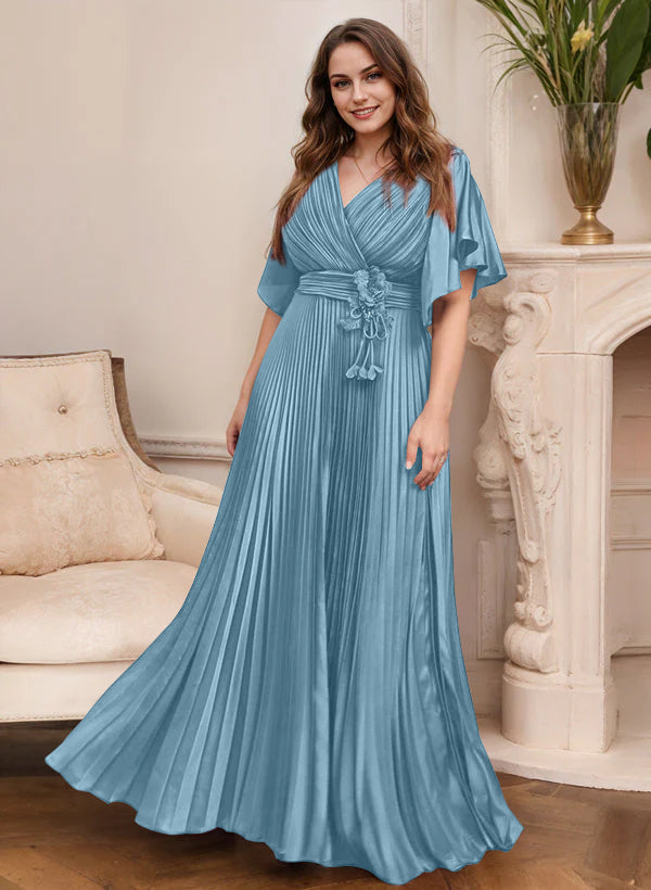 A Line Princess V Neck Short Sleeves Mother Of The Bride Dresses With Belt