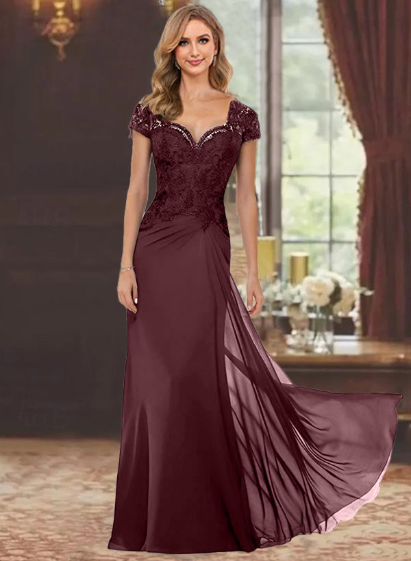 Sheath Column Sweetheart Short Sleeves Floor Length Mother Of The Bride Dresses With Appliques Lace Sequins