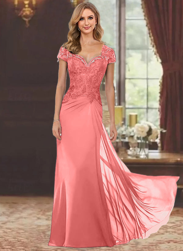 Sheath Column Sweetheart Short Sleeves Floor Length Mother Of The Bride Dresses With Appliques Lace Sequins