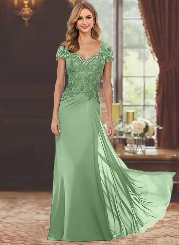 Sheath Column Sweetheart Short Sleeves Floor Length Mother Of The Bride Dresses With Appliques Lace Sequins
