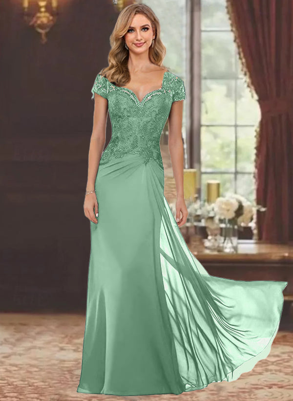 Sheath Column Sweetheart Short Sleeves Floor Length Mother Of The Bride Dresses With Appliques Lace Sequins