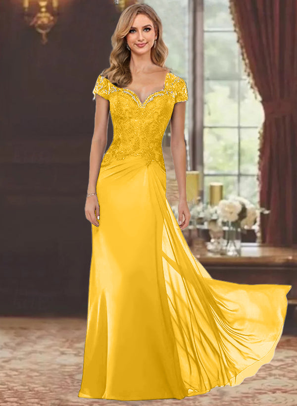 Sheath Column Sweetheart Short Sleeves Floor Length Mother Of The Bride Dresses With Appliques Lace Sequins