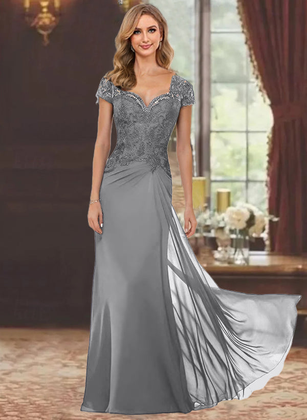 Sheath Column Sweetheart Short Sleeves Floor Length Mother Of The Bride Dresses With Appliques Lace Sequins