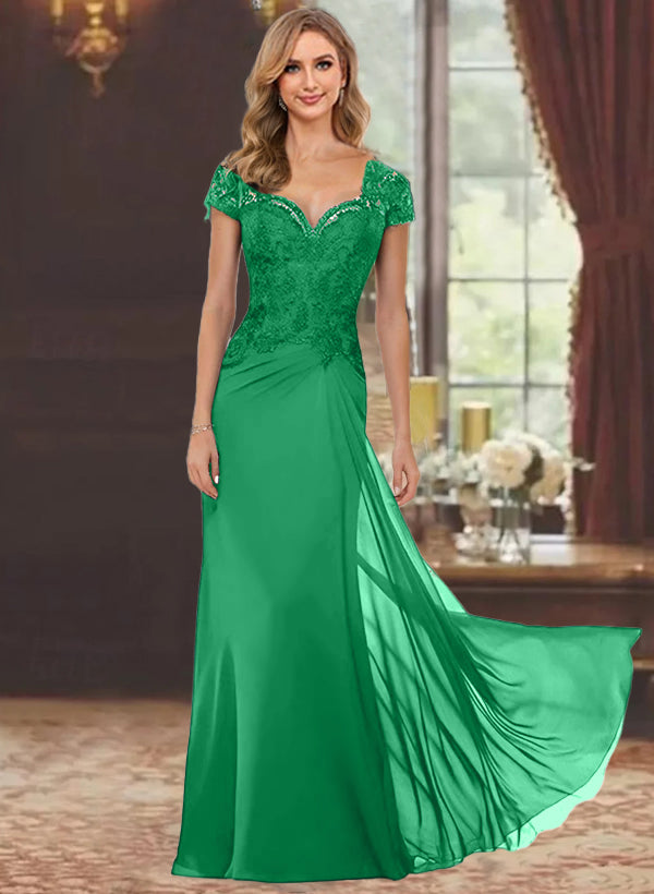 Sheath Column Sweetheart Short Sleeves Floor Length Mother Of The Bride Dresses With Appliques Lace Sequins
