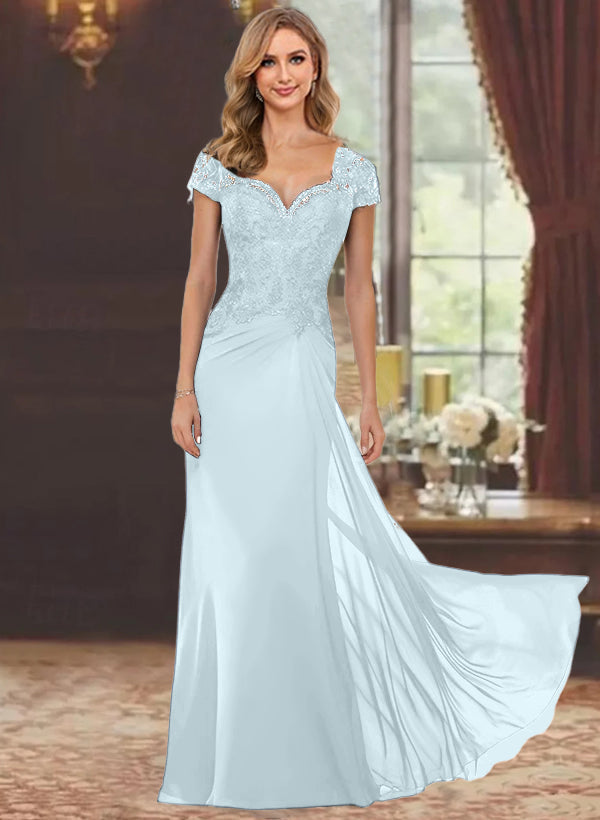 Sheath Column Sweetheart Short Sleeves Floor Length Mother Of The Bride Dresses With Appliques Lace Sequins