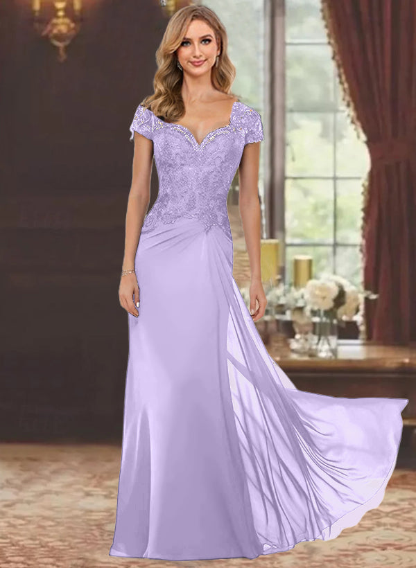 Sheath Column Sweetheart Short Sleeves Floor Length Mother Of The Bride Dresses With Appliques Lace Sequins
