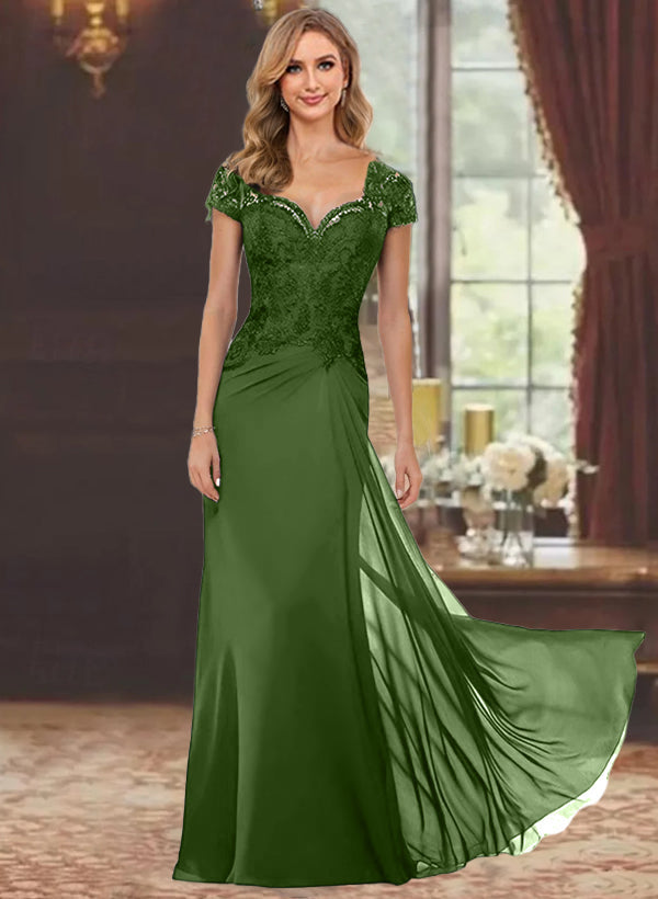 Sheath Column Sweetheart Short Sleeves Floor Length Mother Of The Bride Dresses With Appliques Lace Sequins