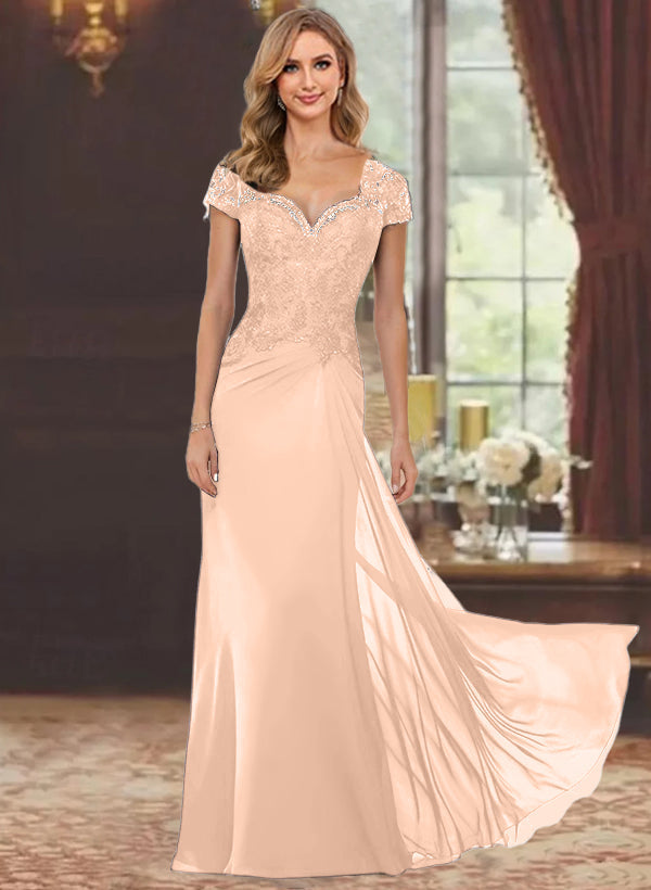 Sheath Column Sweetheart Short Sleeves Floor Length Mother Of The Bride Dresses With Appliques Lace Sequins