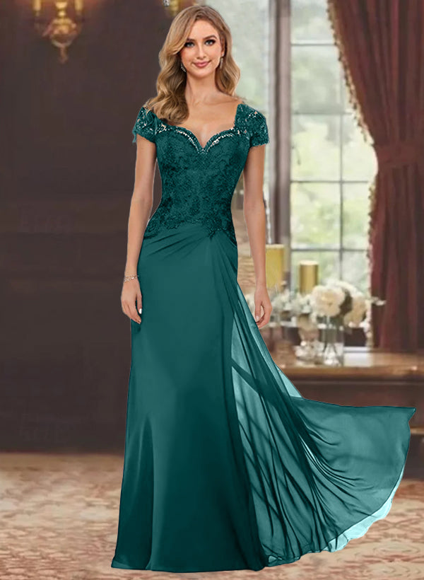 Sheath Column Sweetheart Short Sleeves Floor Length Mother Of The Bride Dresses With Appliques Lace Sequins