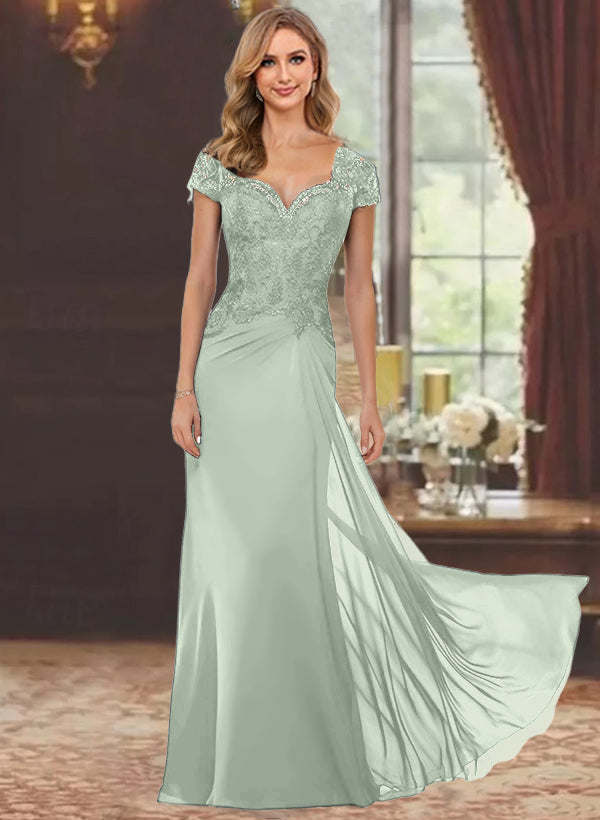 Sheath Column Sweetheart Short Sleeves Floor Length Mother Of The Bride Dresses With Appliques Lace Sequins