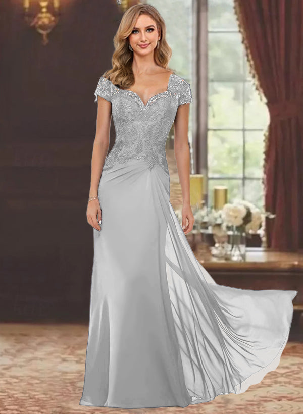 Sheath Column Sweetheart Short Sleeves Floor Length Mother Of The Bride Dresses With Appliques Lace Sequins