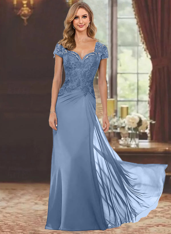Sheath Column Sweetheart Short Sleeves Floor Length Mother Of The Bride Dresses With Appliques Lace Sequins