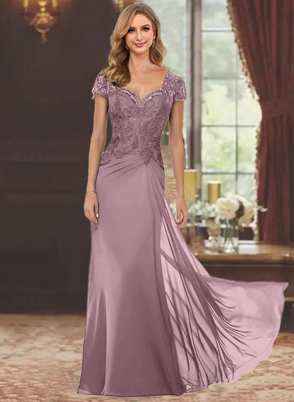 Sheath Column Sweetheart Short Sleeves Floor Length Mother Of The Bride Dresses With Appliques Lace Sequins