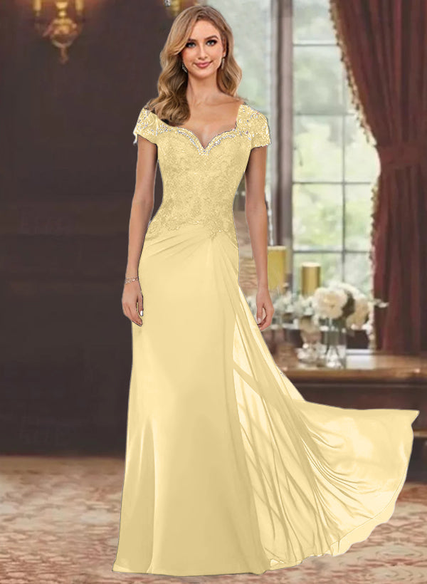 Sheath Column Sweetheart Short Sleeves Floor Length Mother Of The Bride Dresses With Appliques Lace Sequins