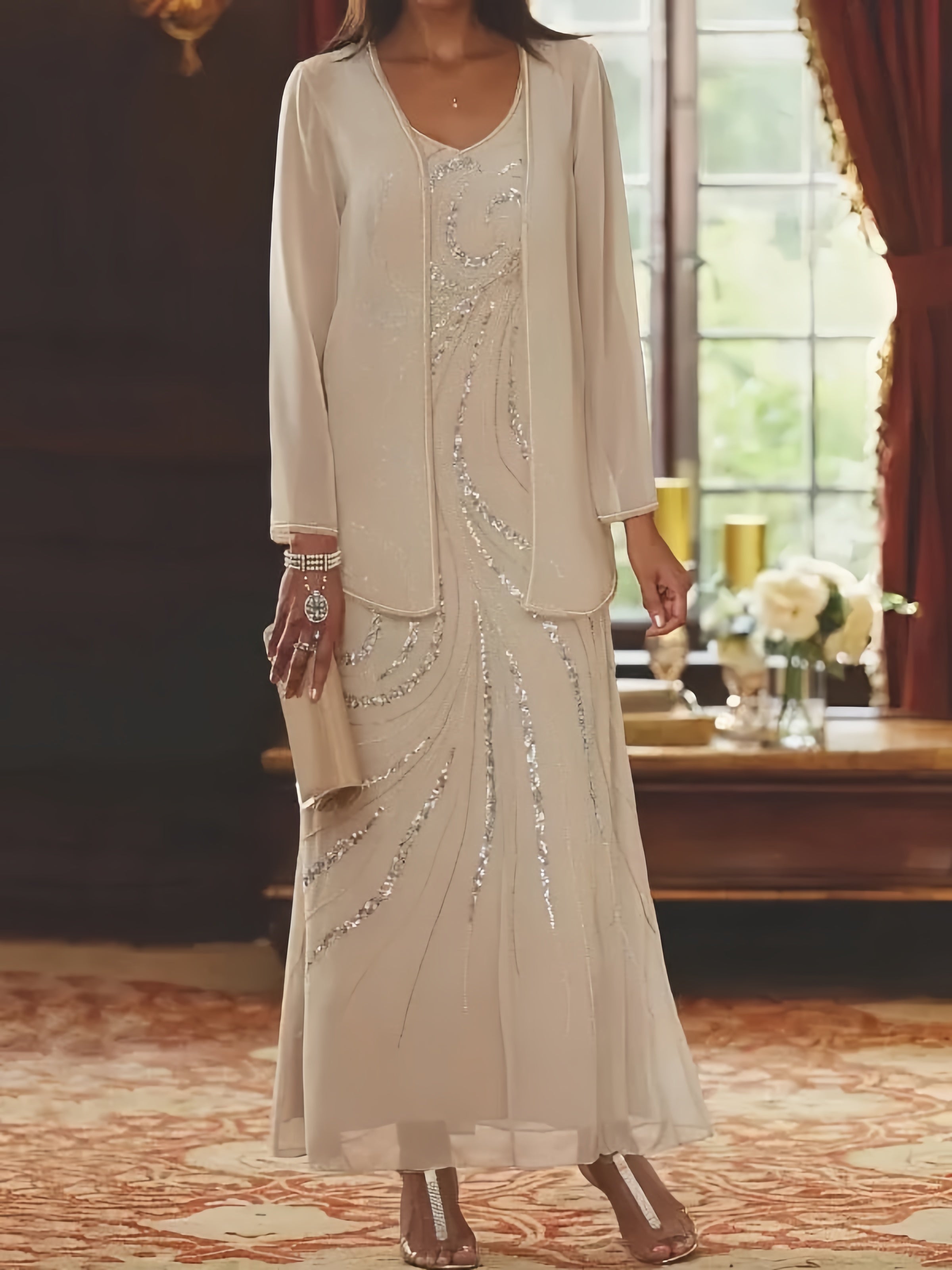 Sheath Column Mother Of The Bride Groom Dresses With Jacket Sequins Beading