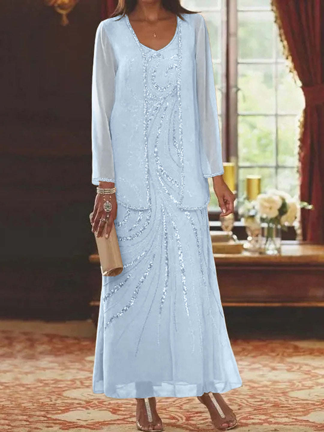 Sheath Column V Neck Ankle Length Mother Of The Bride Dresses With Jacket Sequins Beading