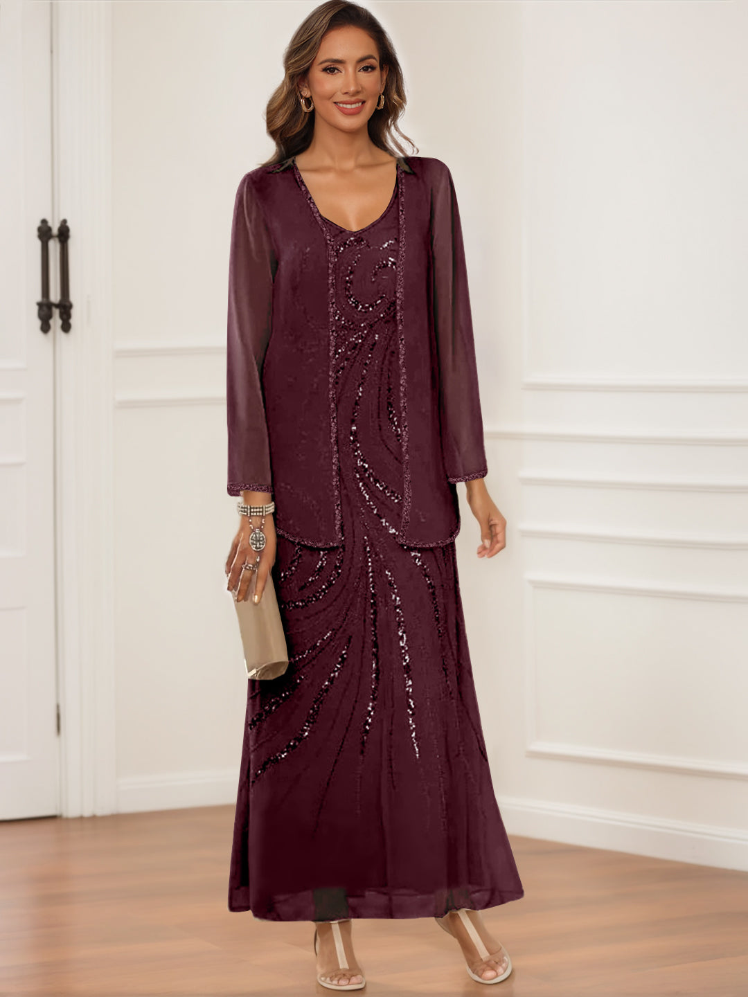Sheath Column V Neck Ankle Length Mother Of The Bride Groom Dresses With Jacket Sequins