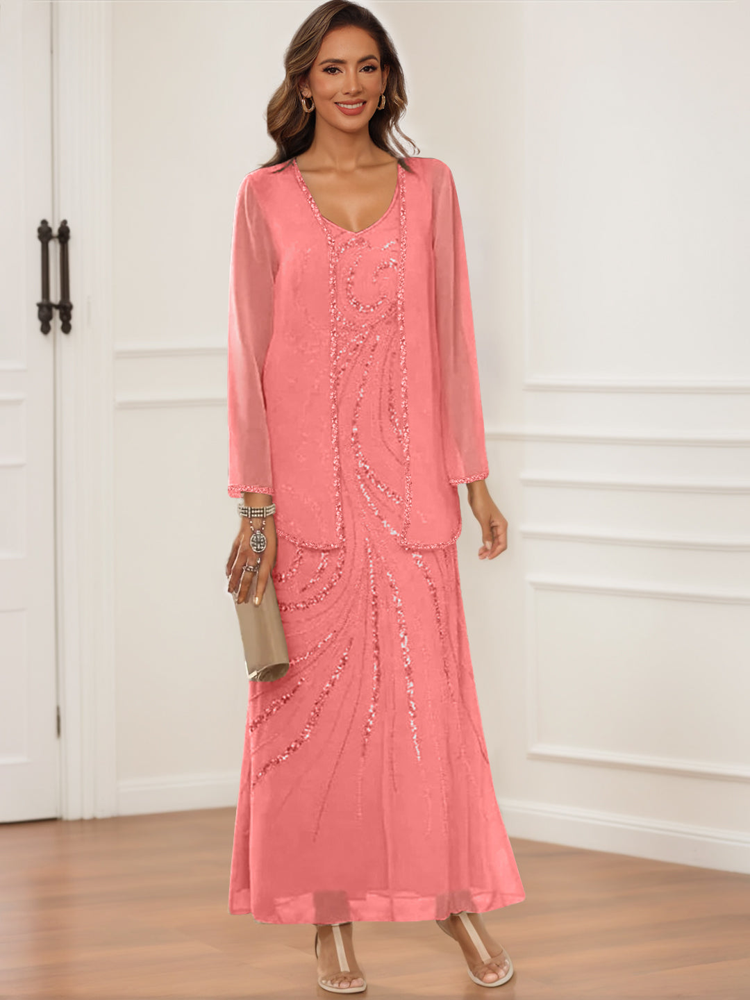 Sheath Column V Neck Ankle Length Mother Of The Bride Groom Dresses With Jacket Sequins