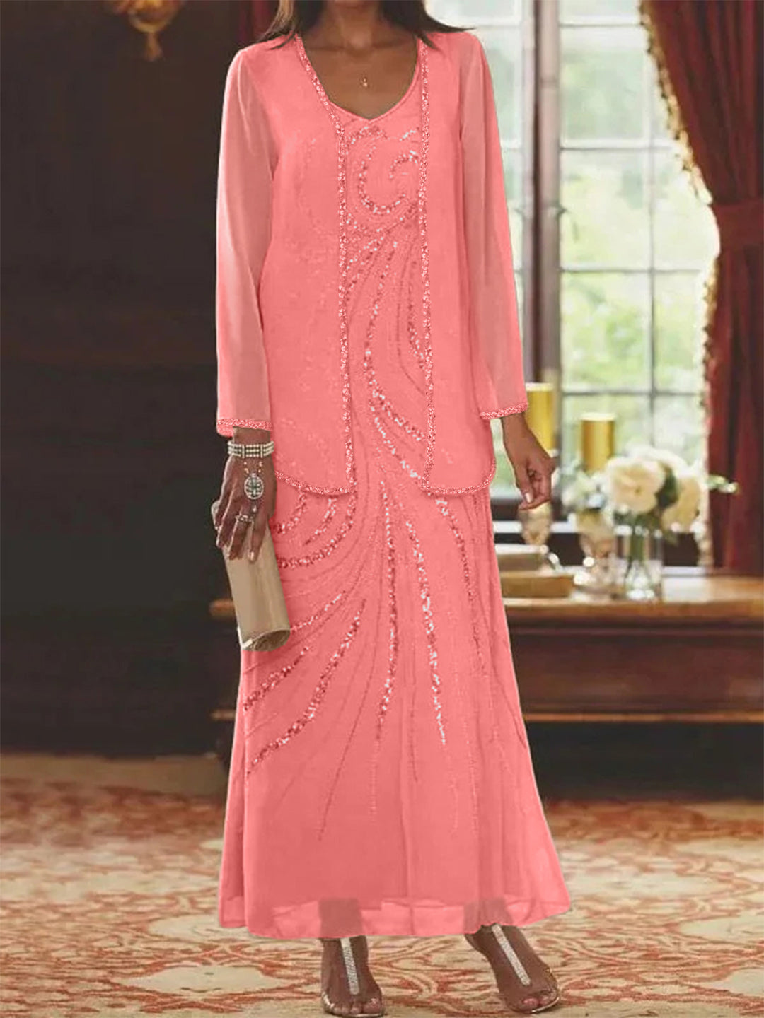 Sheath Column V Neck Ankle Length Mother Of The Bride Dresses With Jacket Sequins Beading