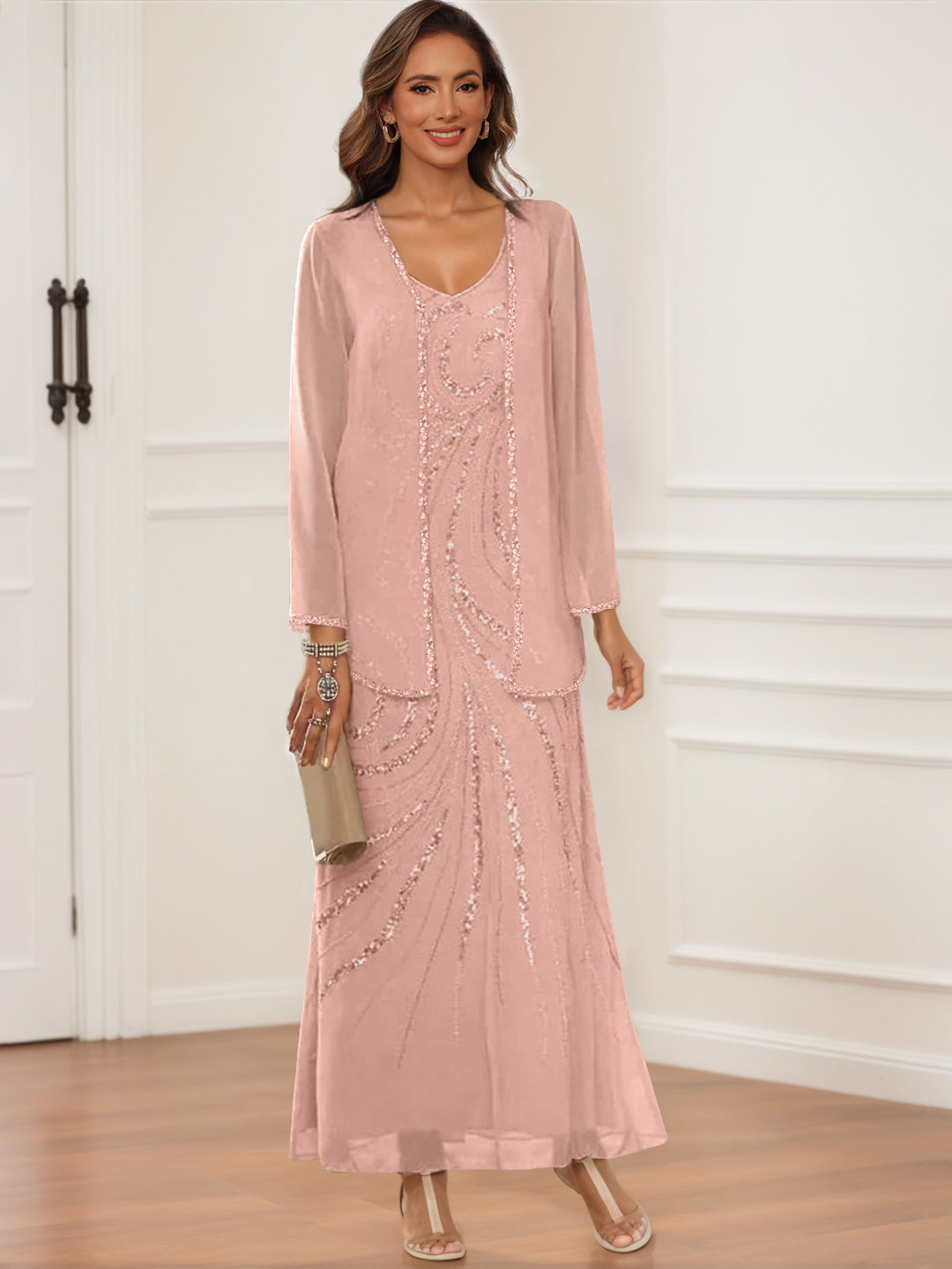 Sheath Column V Neck Ankle Length Mother Of The Bride Groom Dresses With Jacket Sequins