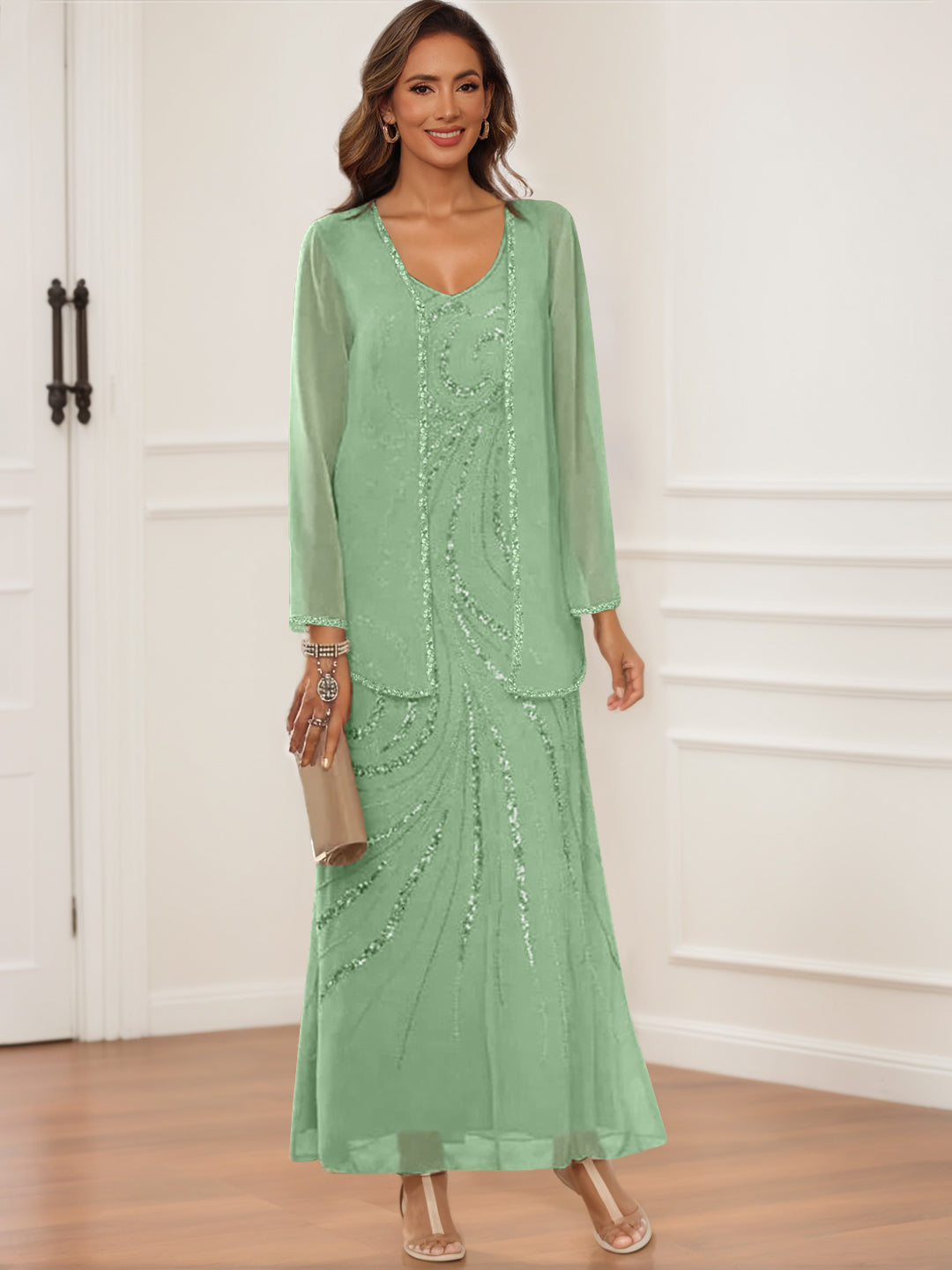 Sheath Column V Neck Ankle Length Mother Of The Bride Groom Dresses With Jacket Sequins