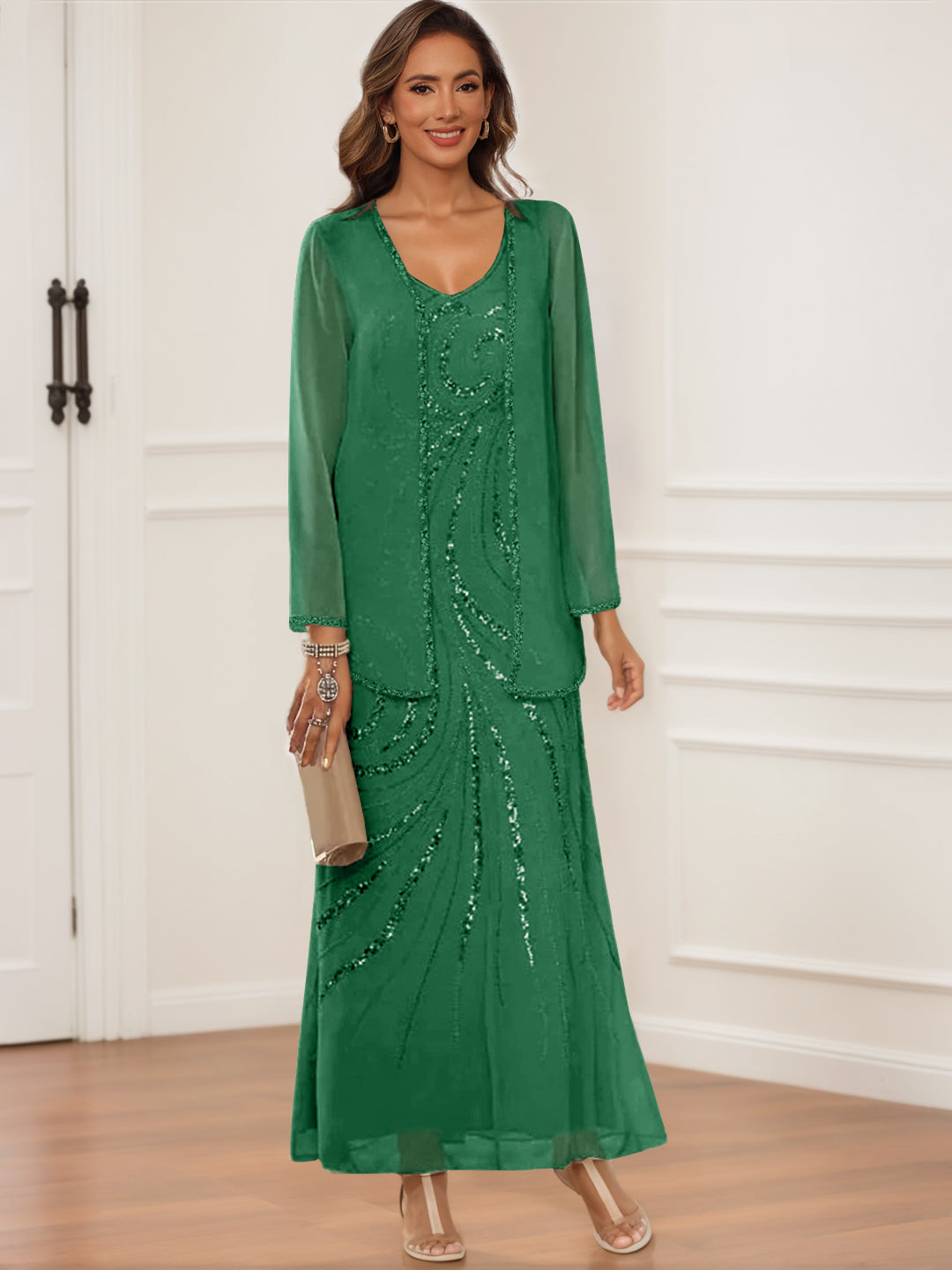 Sheath Column V Neck Ankle Length Mother Of The Bride Groom Dresses With Jacket Sequins