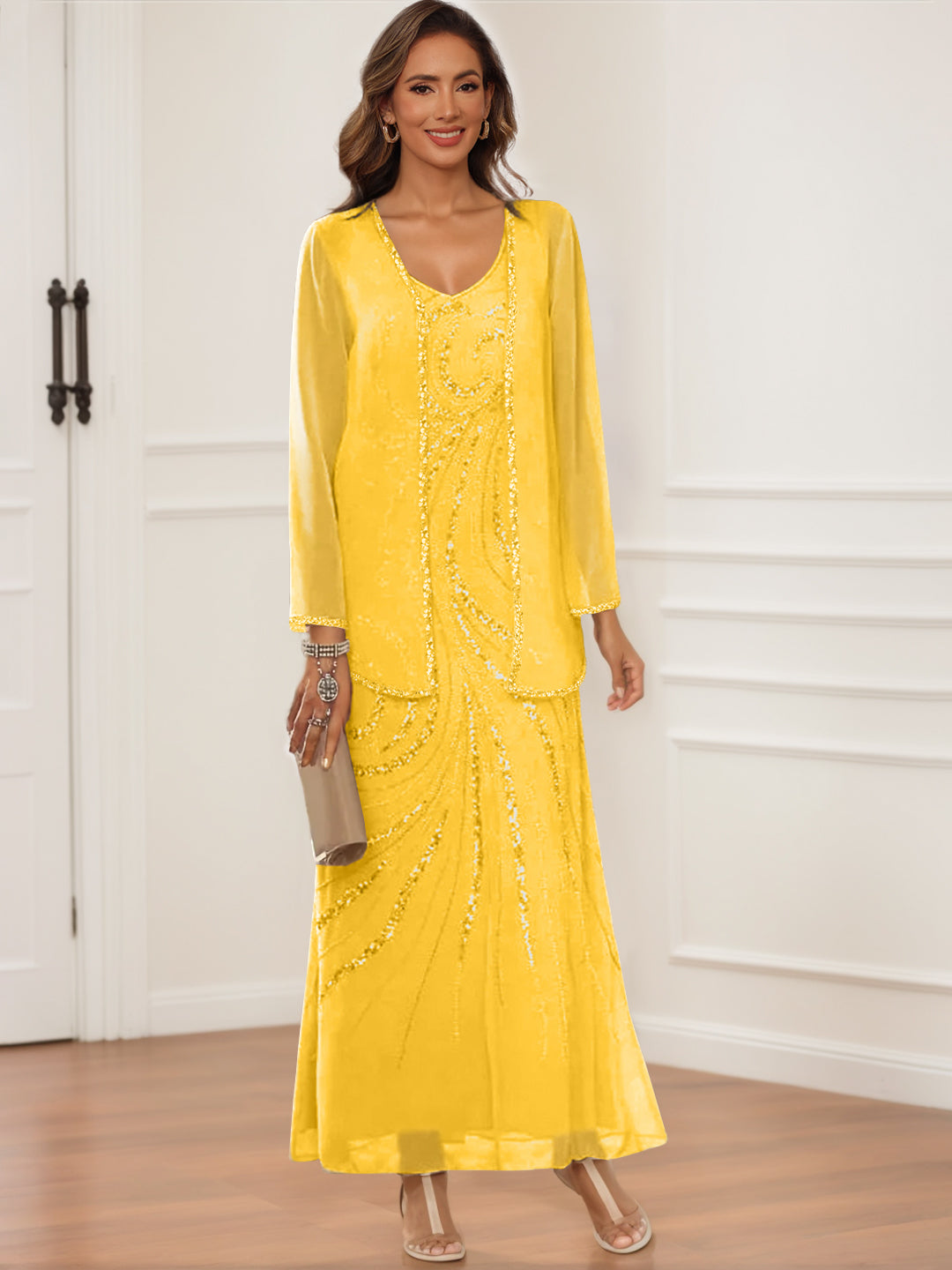 Sheath Column V Neck Ankle Length Mother Of The Bride Groom Dresses With Jacket Sequins