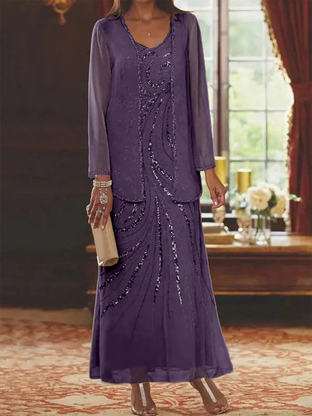 Sheath Column V Neck Ankle Length Mother Of The Bride Dresses With Jacket Sequins Beading