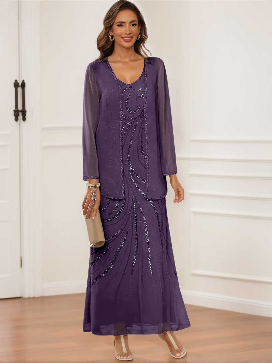 Sheath Column V Neck Ankle Length Mother Of The Bride Groom Dresses With Jacket Sequins