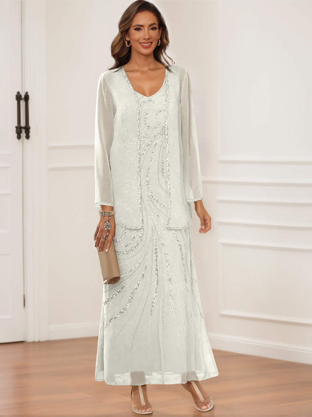 Sheath Column V Neck Ankle Length Mother Of The Bride Groom Dresses With Jacket Sequins