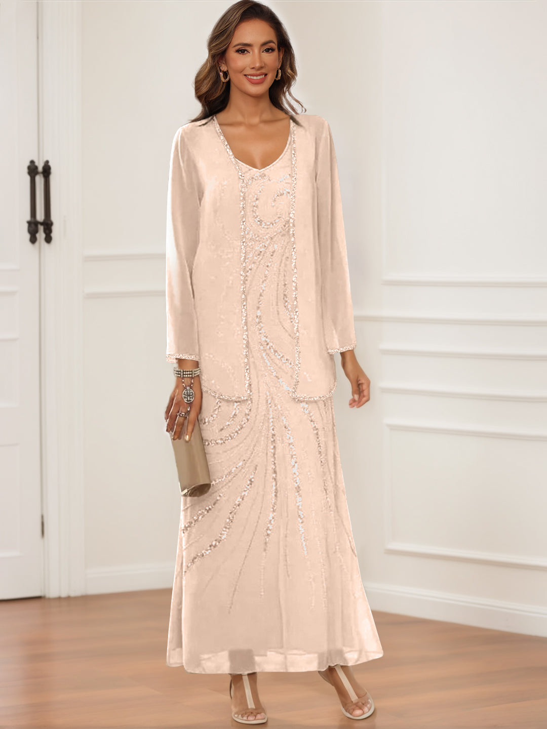 Sheath Column V Neck Ankle Length Mother Of The Bride Groom Dresses With Jacket Sequins