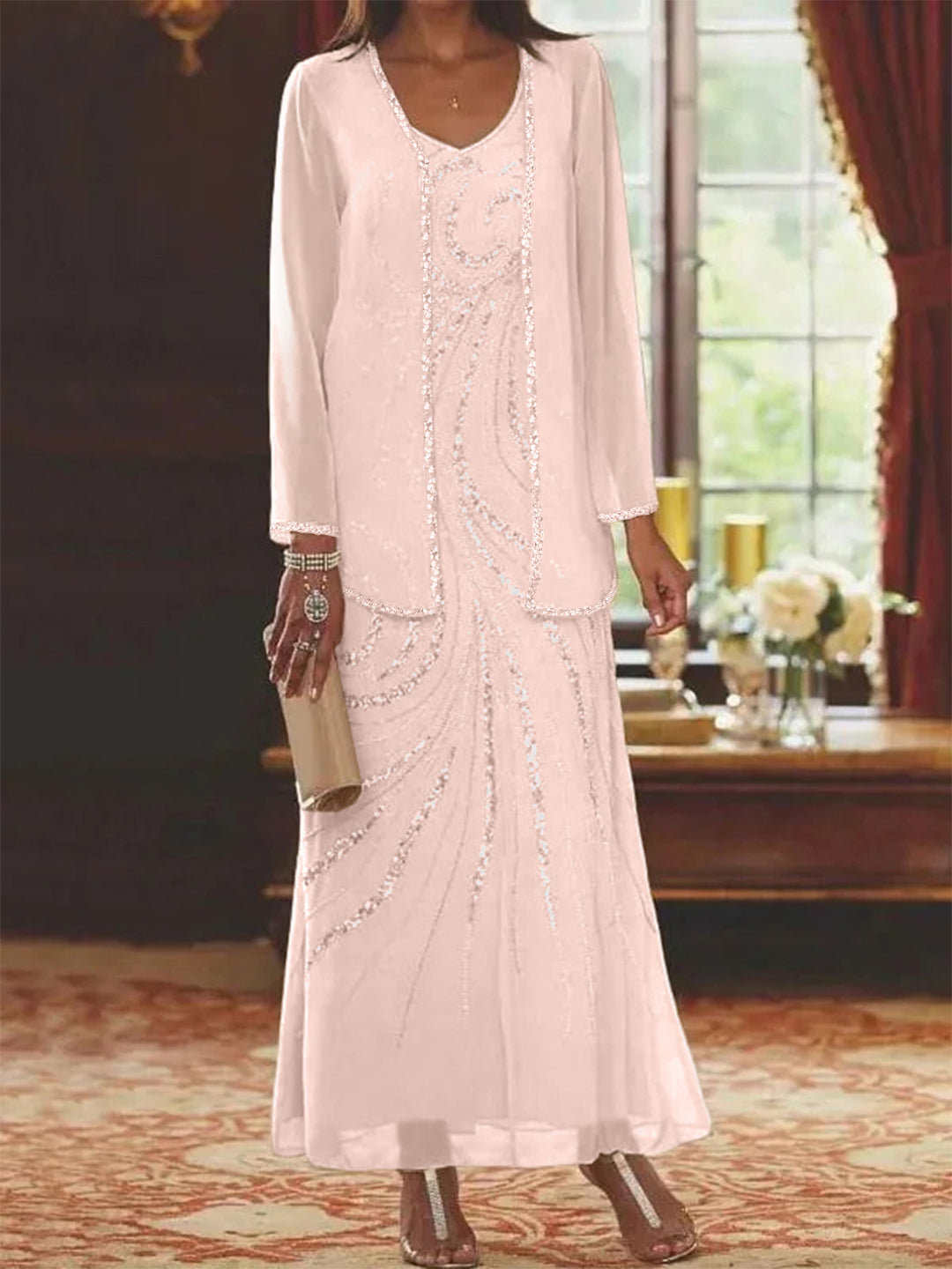 Sheath Column V Neck Ankle Length Mother Of The Bride Dresses With Jacket Sequins Beading