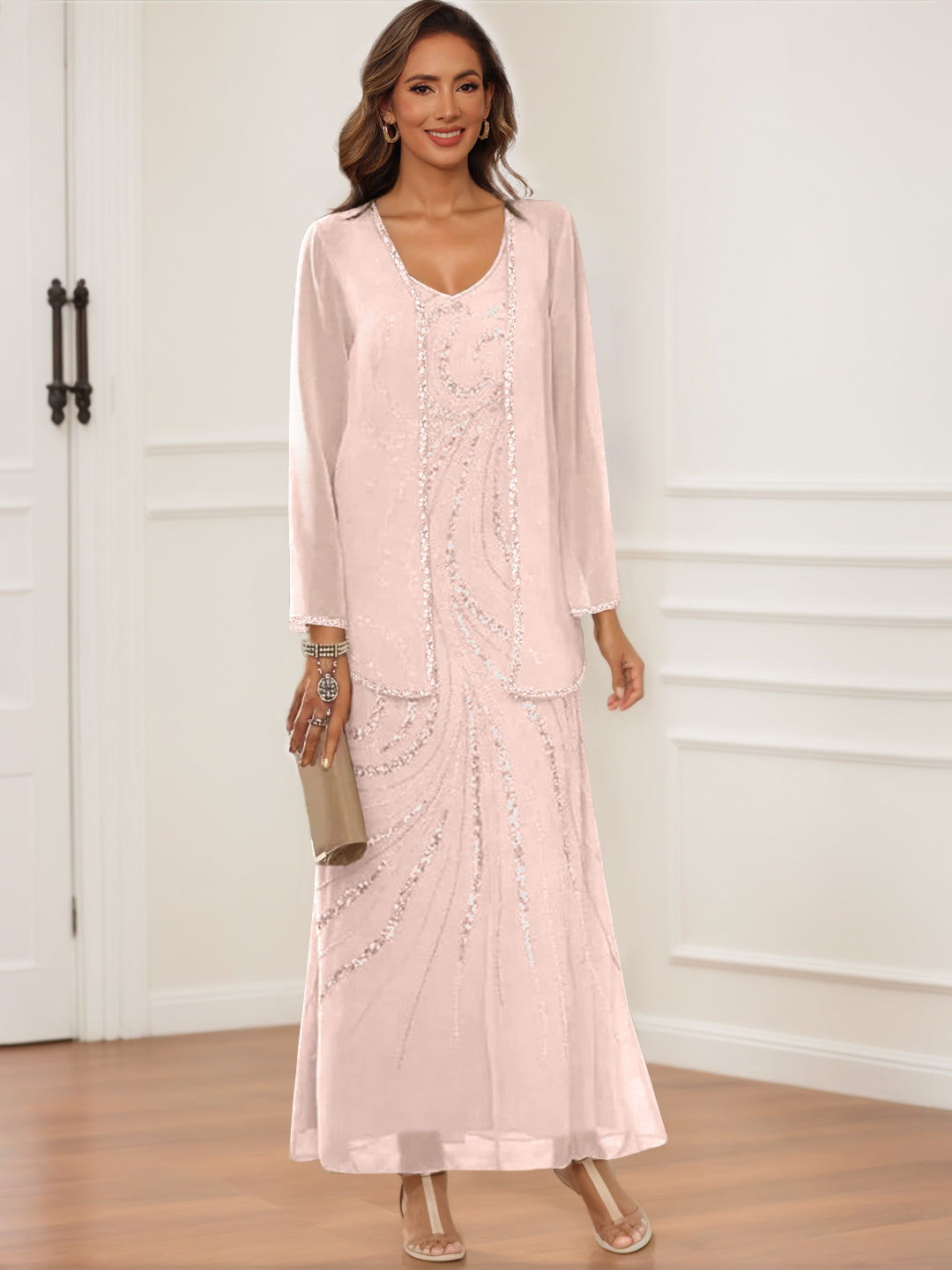 Sheath Column V Neck Ankle Length Mother Of The Bride Groom Dresses With Jacket Sequins