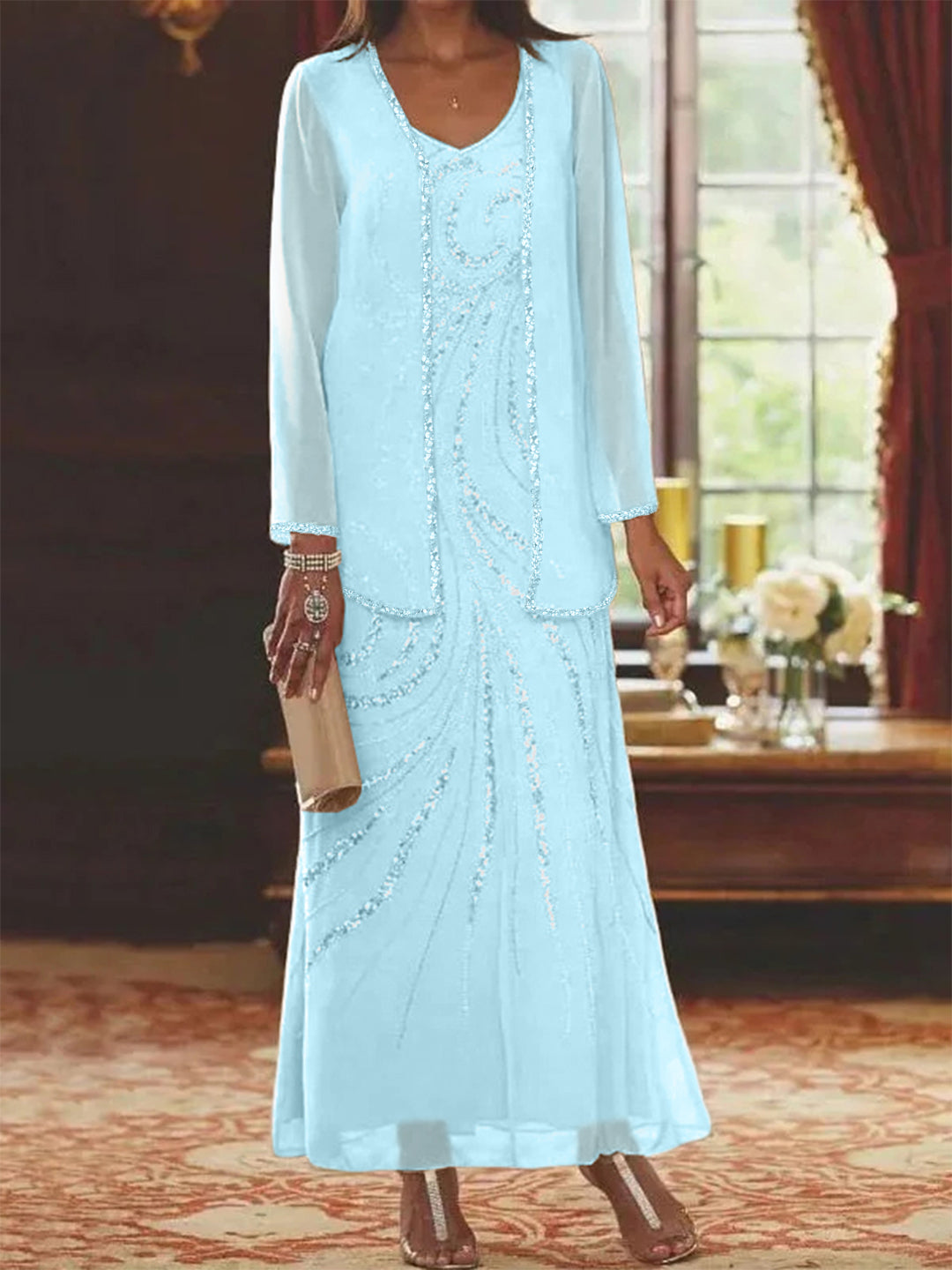 Sheath Column V Neck Ankle Length Mother Of The Bride Dresses With Jacket Sequins Beading