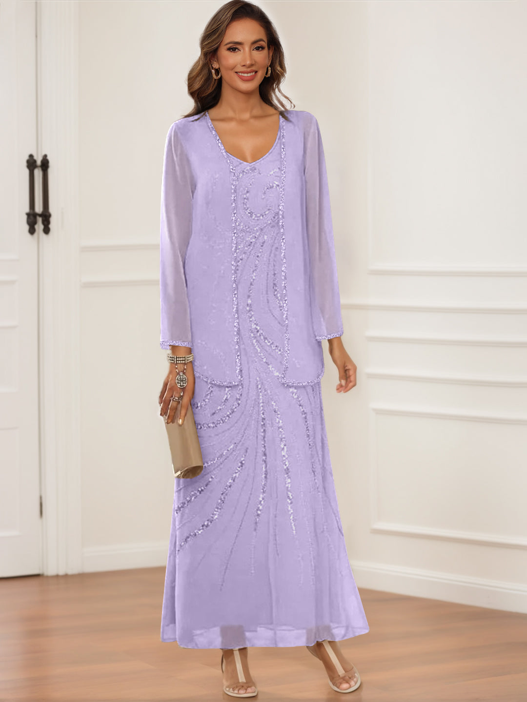 Sheath Column V Neck Ankle Length Mother Of The Bride Groom Dresses With Jacket Sequins