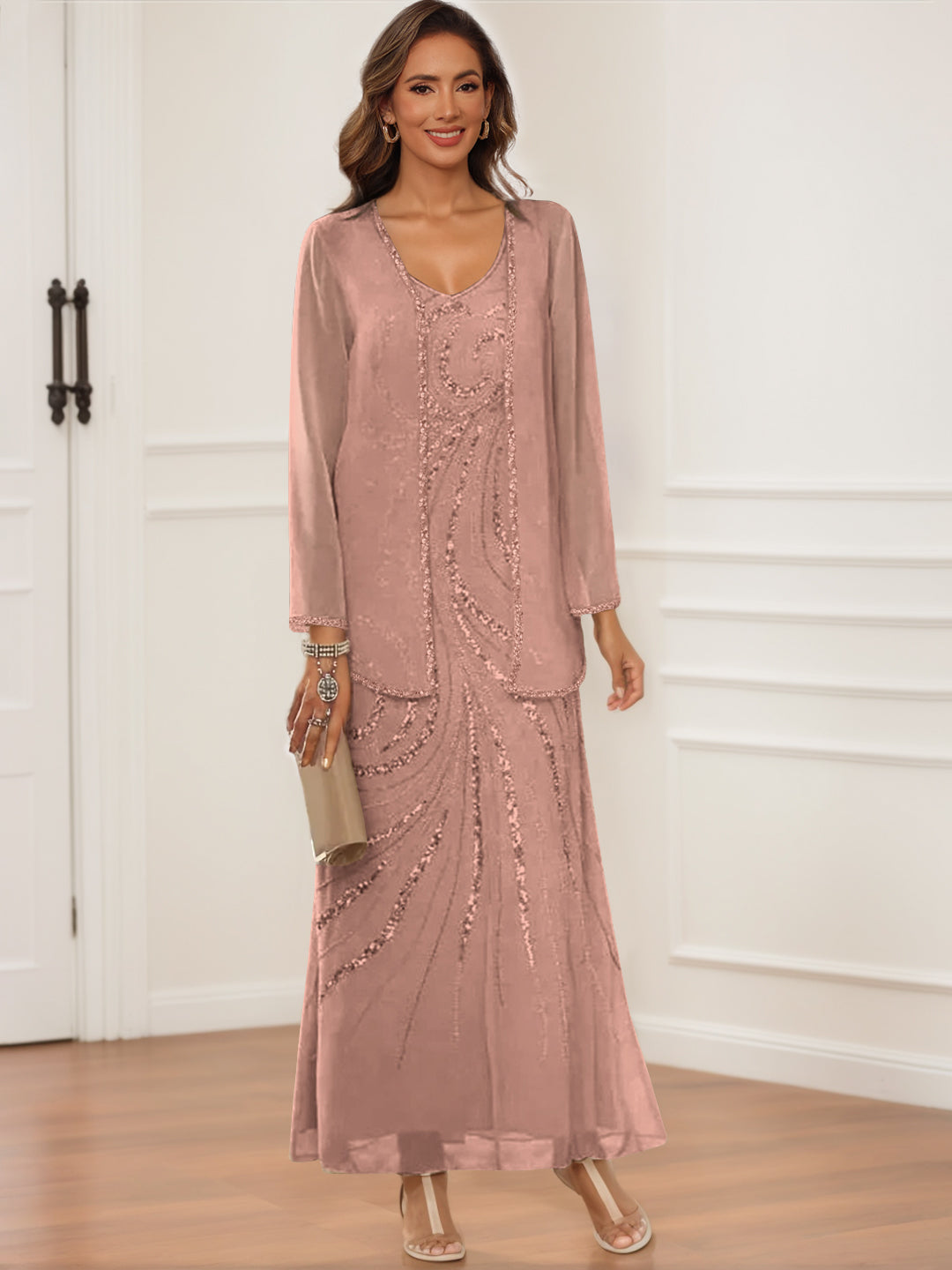 Sheath Column V Neck Ankle Length Mother Of The Bride Groom Dresses With Jacket Sequins