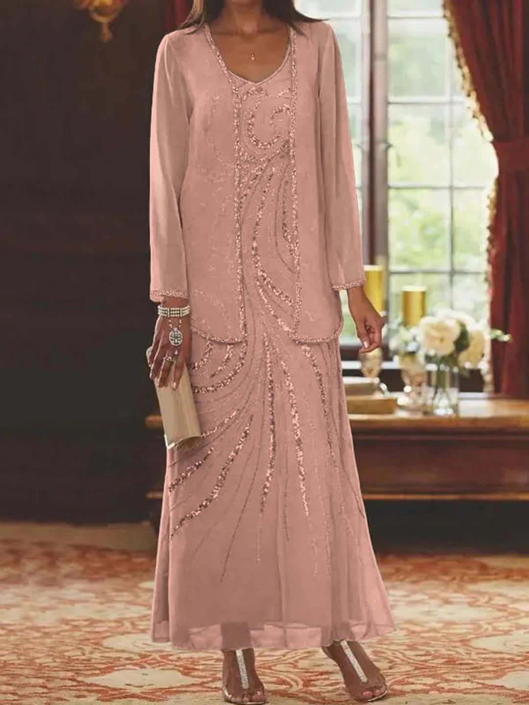Sheath Column V Neck Ankle Length Mother Of The Bride Dresses With Jacket Sequins Beading