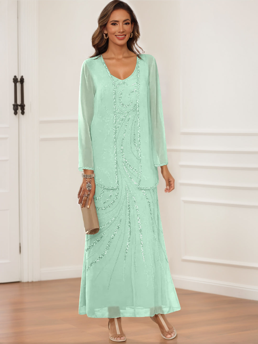 Sheath Column V Neck Ankle Length Mother Of The Bride Groom Dresses With Jacket Sequins
