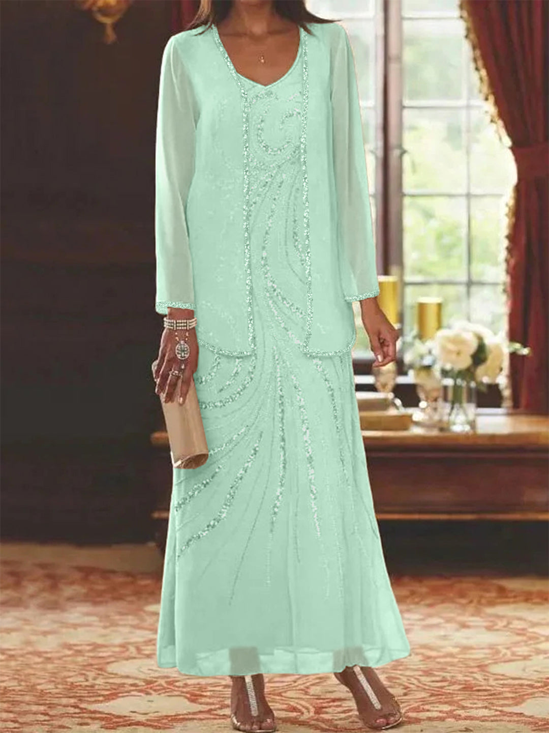 Sheath Column V Neck Ankle Length Mother Of The Bride Dresses With Jacket Sequins Beading