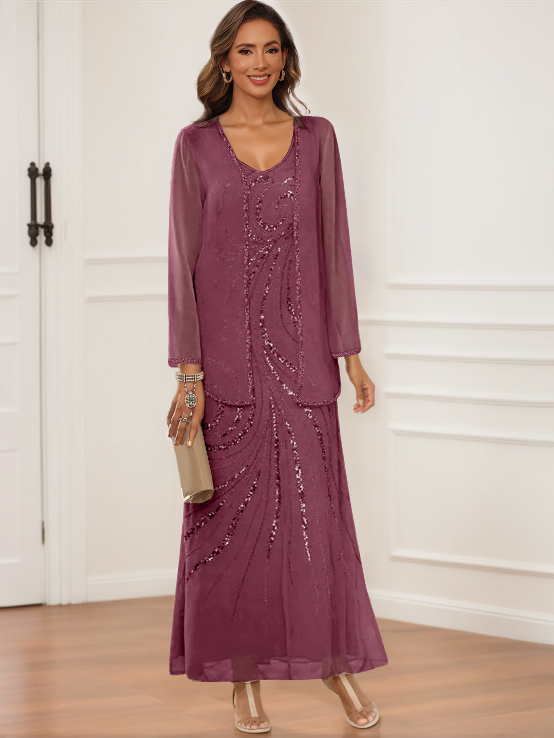 Sheath Column V Neck Ankle Length Mother Of The Bride Groom Dresses With Jacket Sequins
