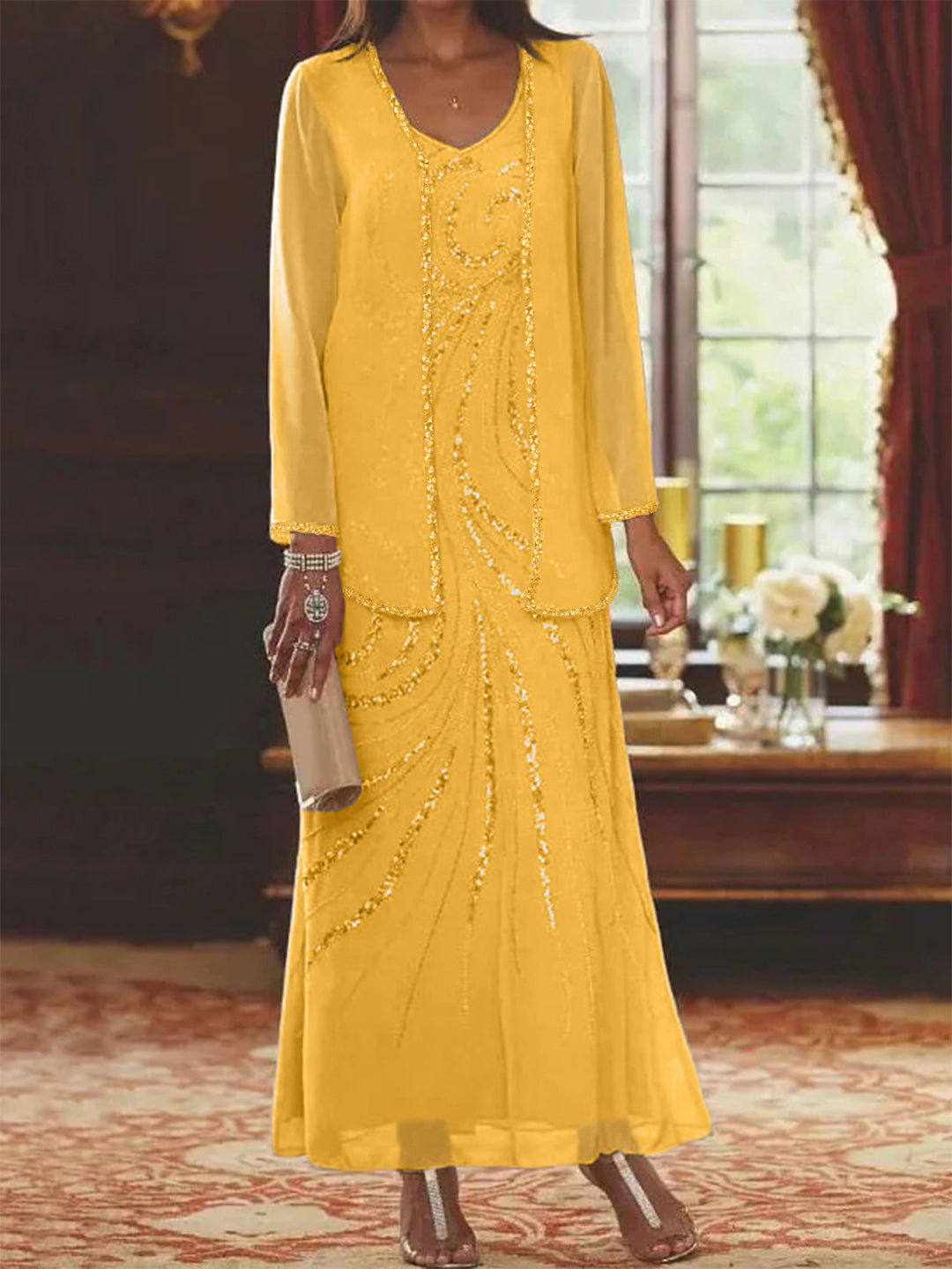 Sheath Column V Neck Ankle Length Mother Of The Bride Dresses With Jacket Sequins Beading