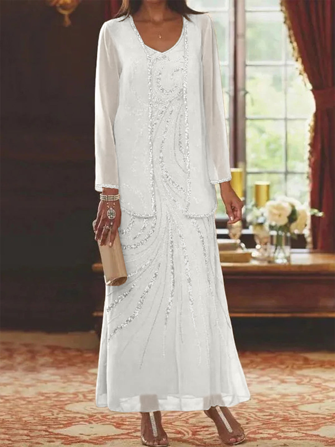 Sheath Column V Neck Ankle Length Mother Of The Bride Dresses With Jacket Sequins Beading