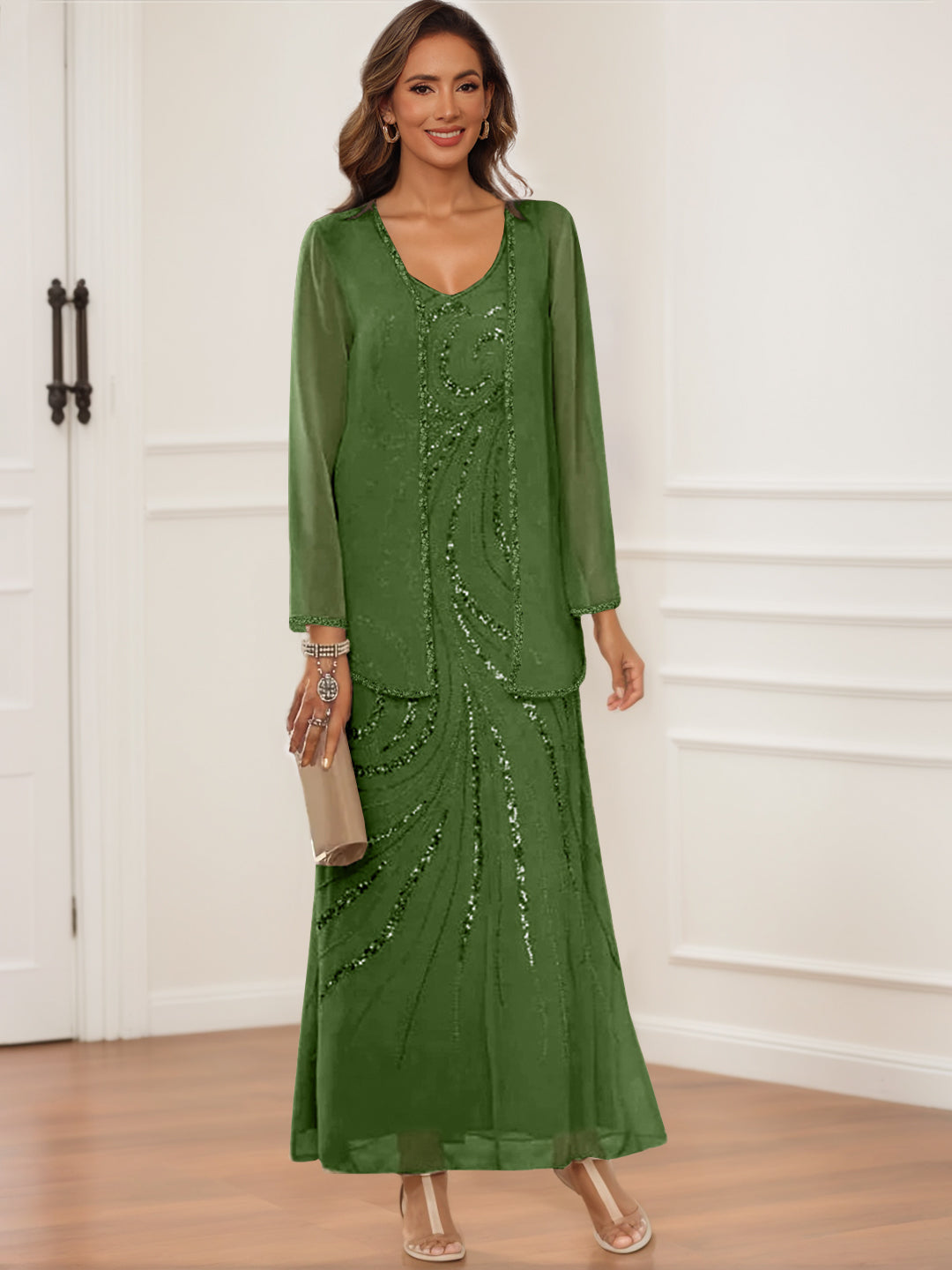 Sheath Column V Neck Ankle Length Mother Of The Bride Groom Dresses With Jacket Sequins