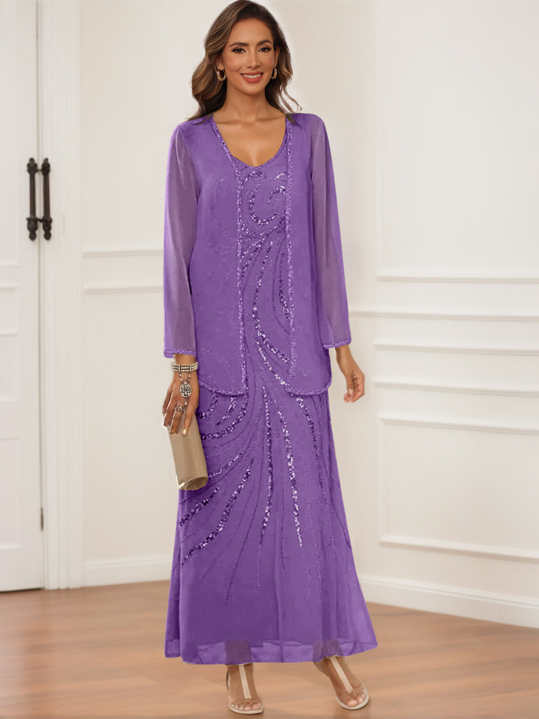Sheath Column V Neck Ankle Length Mother Of The Bride Groom Dresses With Jacket Sequins