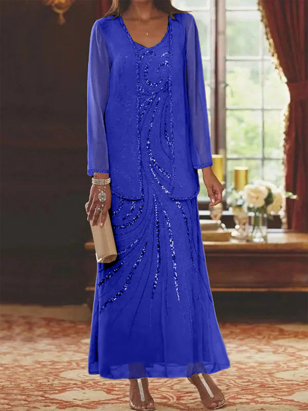 Sheath Column V Neck Ankle Length Mother Of The Bride Dresses With Jacket Sequins Beading