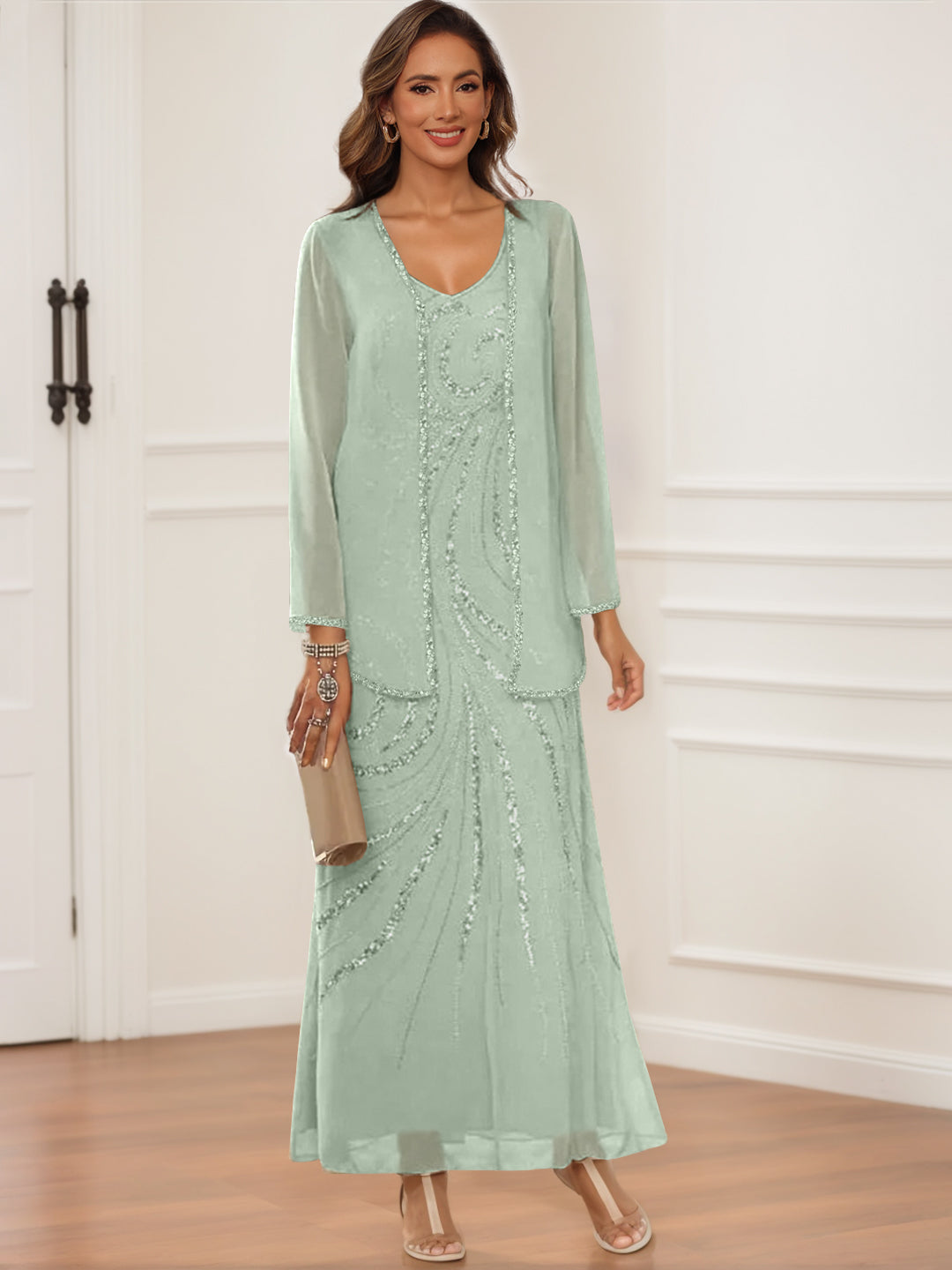 Sheath Column V Neck Ankle Length Mother Of The Bride Groom Dresses With Jacket Sequins