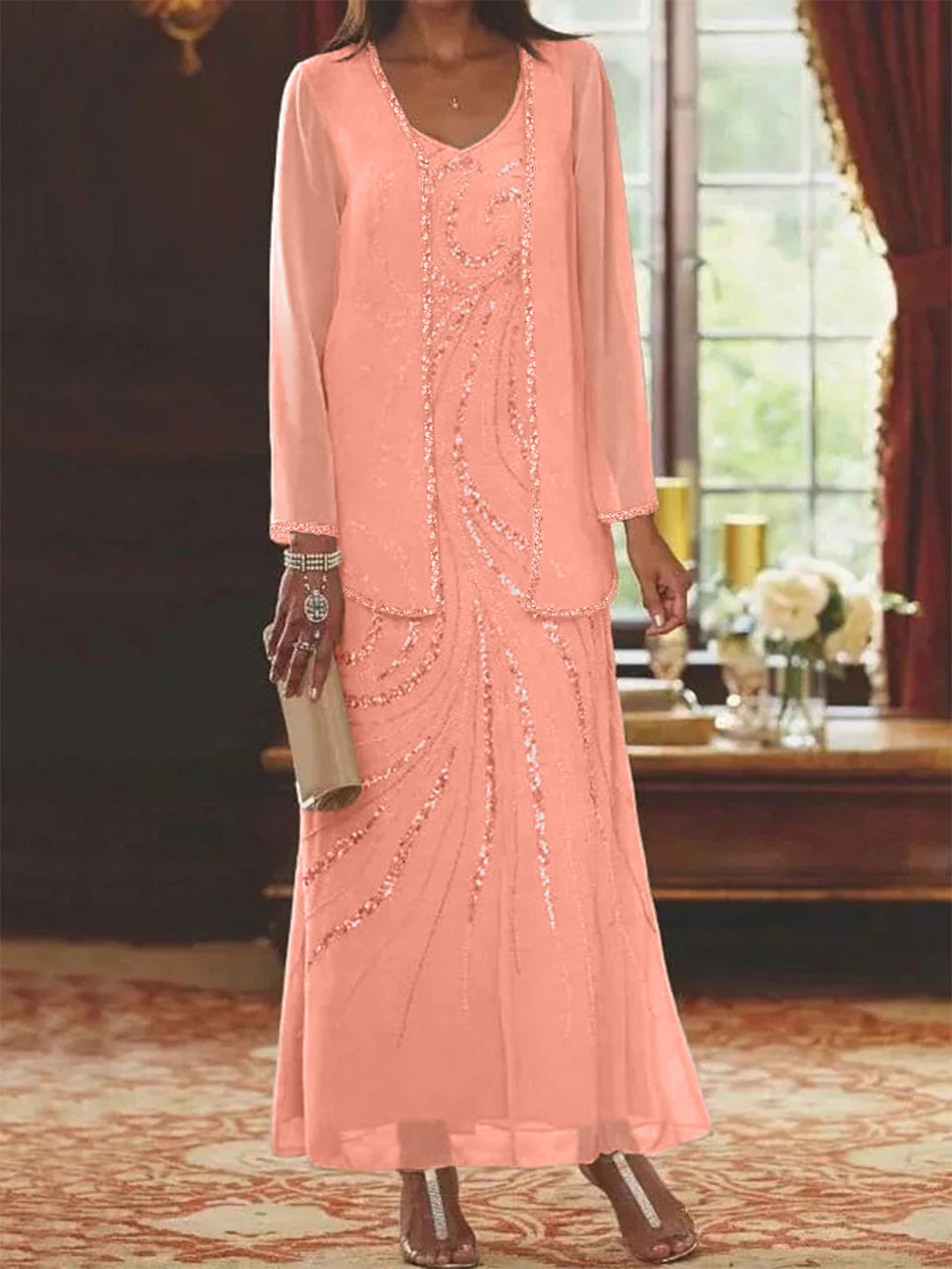 Sheath Column V Neck Ankle Length Mother Of The Bride Dresses With Jacket Sequins Beading