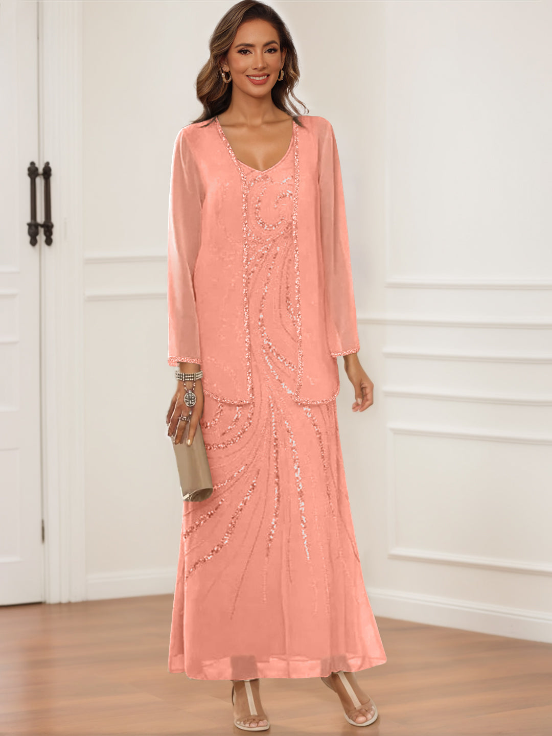 Sheath Column V Neck Ankle Length Mother Of The Bride Groom Dresses With Jacket Sequins