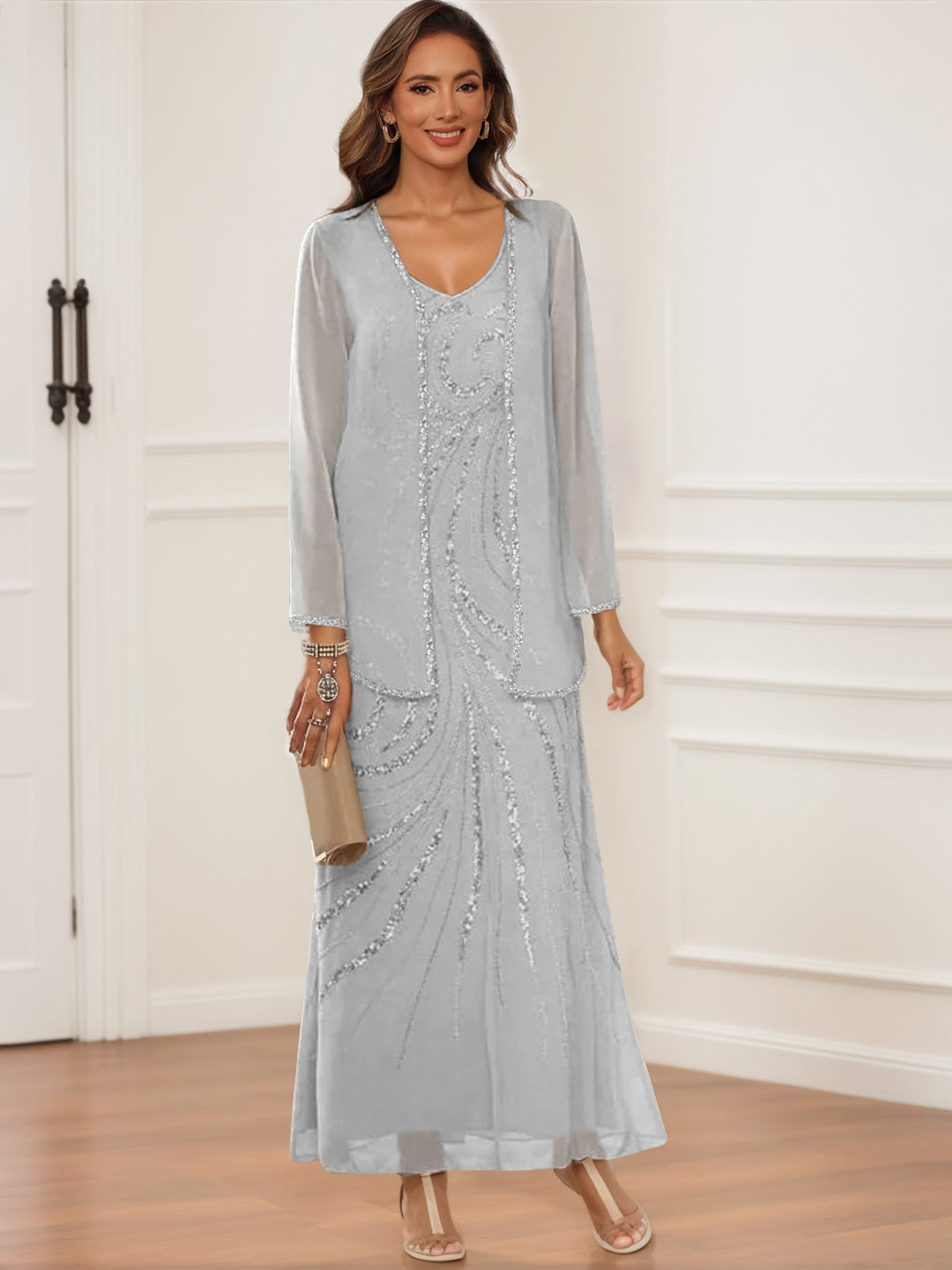 Sheath Column V Neck Ankle Length Mother Of The Bride Groom Dresses With Jacket Sequins